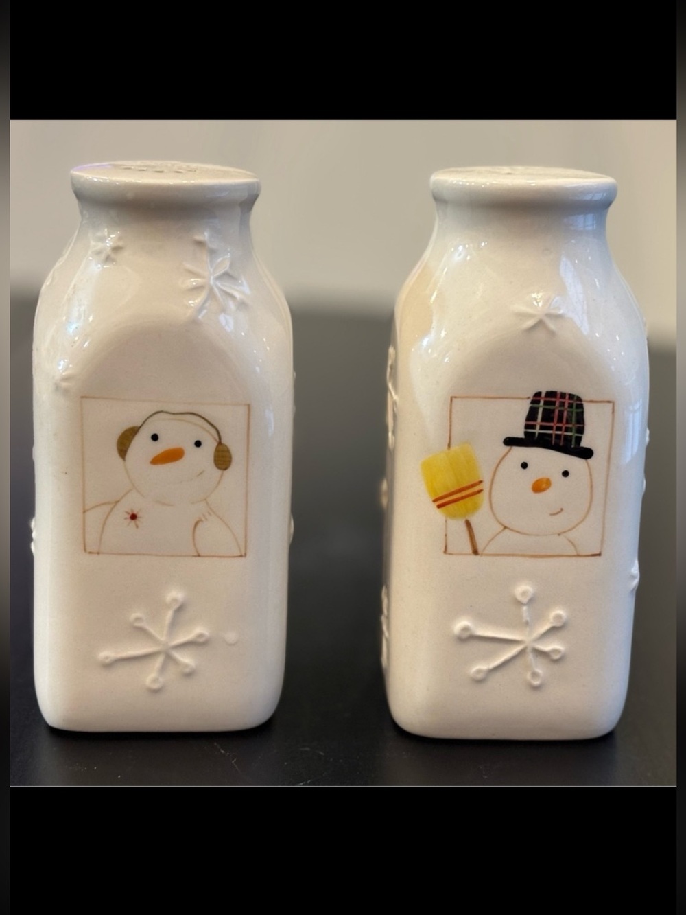 😍2/$20 Vintage Hallmark Milk Bottle Snowman & Snowflake Salt & Pepper Shakers